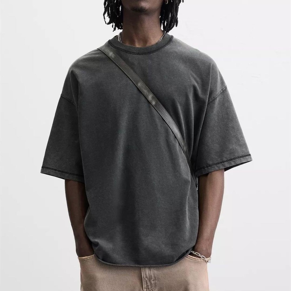 Zara Men's Oversized Washed Cotton T-Shirt Dark Anthracite Gray Size L